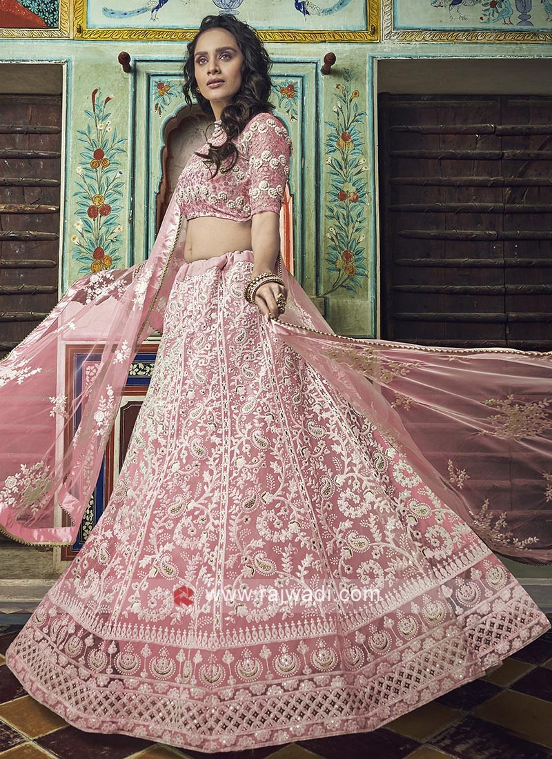 Mustard & Pink Designer Embroidered Net Kurti Style Lehenga | Saira's  Boutique