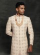 Resham Work Sherwani In Light Peach Color