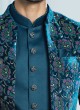 Peacock Blue Jacket Style Indowestern Set With Weaving Embroidery