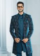 Peacock Blue Jacket Style Indowestern Set With Weaving Embroidery
