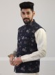 Navy Blue Printed Nehru Jacket