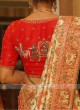 Cream And Red Color Silk Saree