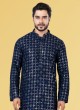 Navy Blue Georgette Mens Kurta Pajama With Embroidered Work