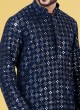 Navy Blue Georgette Mens Kurta Pajama With Embroidered Work