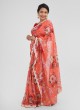 Orange Floral Printed Organza Saree