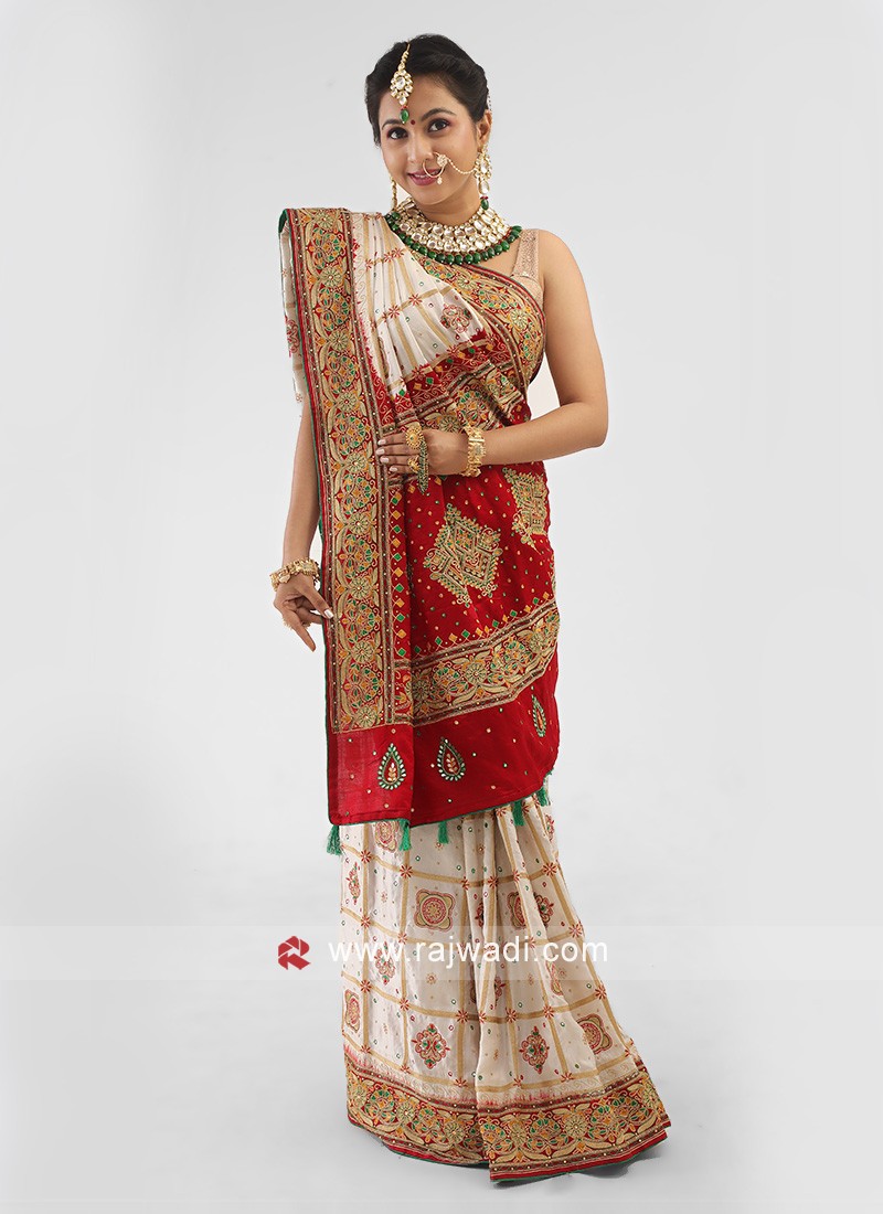 Buy Red Handloom Silk Block Printed And Hand Embroidered Saree With Blouse  For Women by Soumodeep Dutta Online at Aza Fashions.