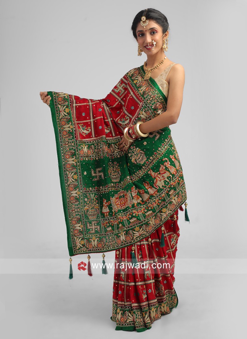 Black Gujarati Kantha Hand Embroidered Pure Banglore Silk Saree - Buy Now