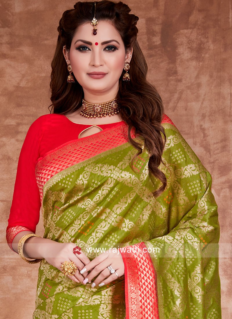 Preferable Green With Red Color Banarasi saree – Amrutamfab