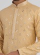 Plastic Mirror Work Kurta Pajama In Golden Color