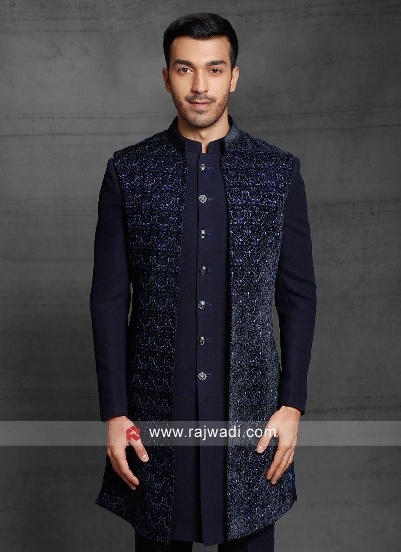 Navy Blue Imported Wedding Wear Indowestern