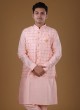 Plastic Mirror Work Nehru Jacket Suit In Peach Color