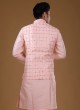 Plastic Mirror Work Nehru Jacket Suit In Peach Color