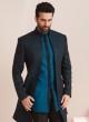 Teal Blue Embroidered Indowestern Set In Art Silk