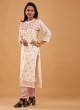 Zari Work Kurti Set In Cream Color