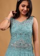 Designer Embroidery Net Gown In Sky Blue Color