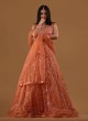 Designer Mirror Work Net Gown In Rust Color