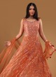 Designer Mirror Work Net Gown In Rust Color