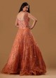 Designer Mirror Work Net Gown In Rust Color