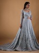 Sky Blue Floral Sequins Embellished Wedding Gown with Trail