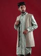 Zari Work Nehru Jacket Suit In Pista Green Color