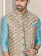 Sequins Work Nehru Jacket Suit In Firozi Color