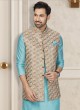 Sequins Work Nehru Jacket Suit In Firozi Color