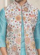 Flower Print Nehru Jacket Suit In Firozi Color