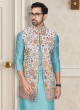 Flower Print Nehru Jacket Suit In Firozi Color