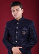 Navy Blue Thread Work Indowestern For Mens