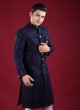 Navy Blue Thread Work Indowestern For Mens