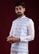 Brocade Silk Printed Nehru Jacket In Light Blue Color