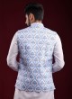 Brocade Silk Printed Nehru Jacket In Light Blue Color