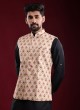 Mens Printed Nehru Jacket In Golden Cream Color