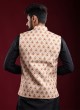 Mens Printed Nehru Jacket In Golden Cream Color