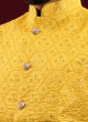Raw Silk Thread Work Nehru Jacket In Yellow Color