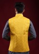 Raw Silk Thread Work Nehru Jacket In Yellow Color