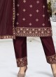 Festive Wear Wine Color Pant Style Suit