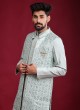 Silk Nehru Jacket Suit In Pista Green Color