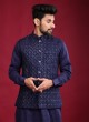 Cotton Silk Sequins Work Navy Blue Nehru Jacket Suit