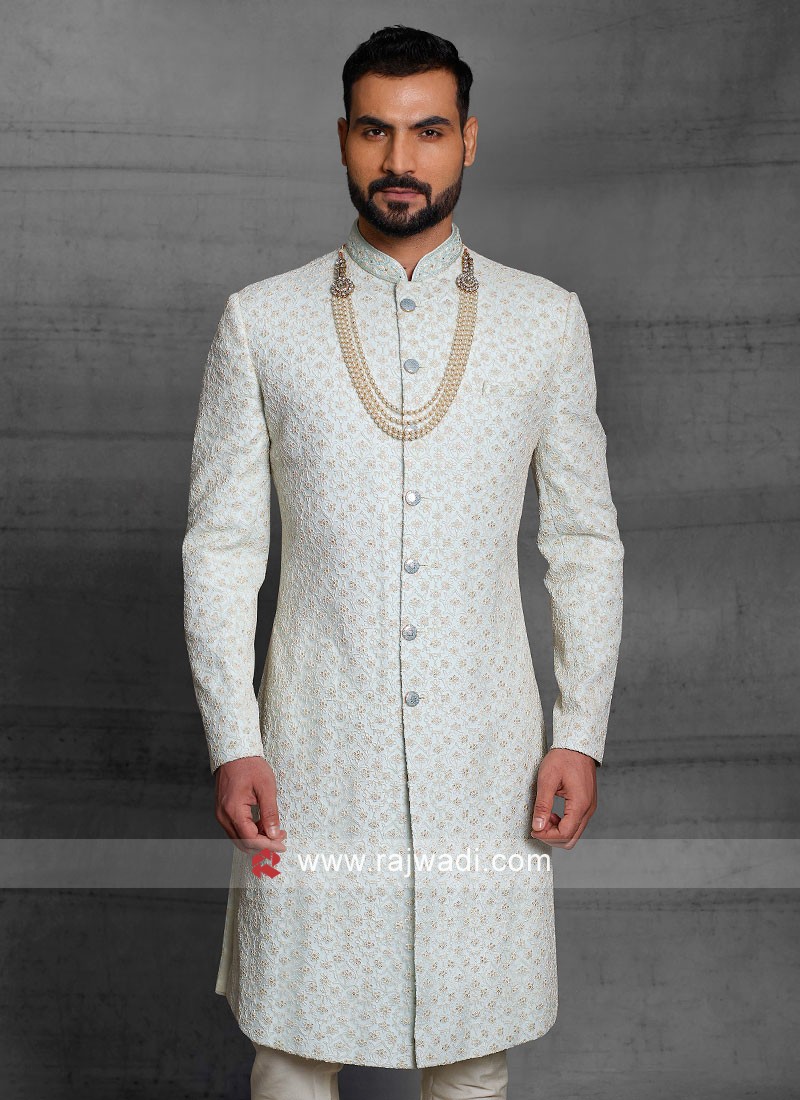 Golden Dulha Sherwani with Raw Silk Shawl #GR45 | Sherwani, Sherwani groom,  Groom dress men