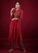 Raw Silk Resham Work Pants Suit In Red