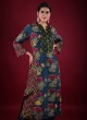 Floral Print Raw Silk Salwar Kameez In Rama Blue