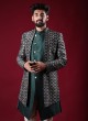Printed Jacket Style Indowestern In Green color