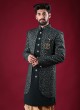 Imported Fabric Jacket Style Indowestern In Bottle Green