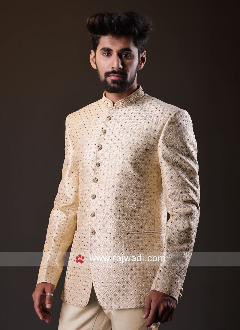 Jacquard Fabric Golden Color Wedding Wear Designer Readymade Jodhpuri | Jodhpuri  suits for men, Coat pant, Mens suits