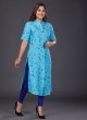 Linen Kurti In Turquoise Blue Color