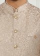 Brocade Silk Cream Color Nehru Jacket For Mens