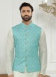 Cotton Silk Nehru Jacket In Firozi Color