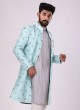 Art Silk Jacket Style Indowestern In Sea Green