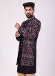 Jacket Style Indowestern In Navy Blue Color